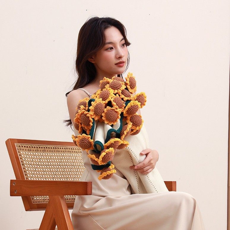 Sunflower Bouquet Blanket Finished Product Won the First Prize in One Fell Swoop. Flower Blanket Wool Ball Hand-Knitted Blanket as a Gift for Students