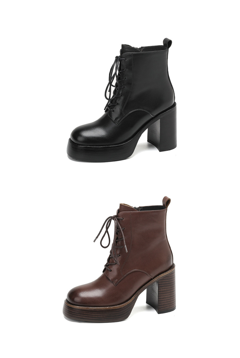 Boot Martin nữ đế dày gót thô buộc dây tăng chiều cao mũi tròn da bò thật — Lớp lót đơn màu nâu, Lớp lót nhung màu nâu, Màu đen một lớp, nhung đen