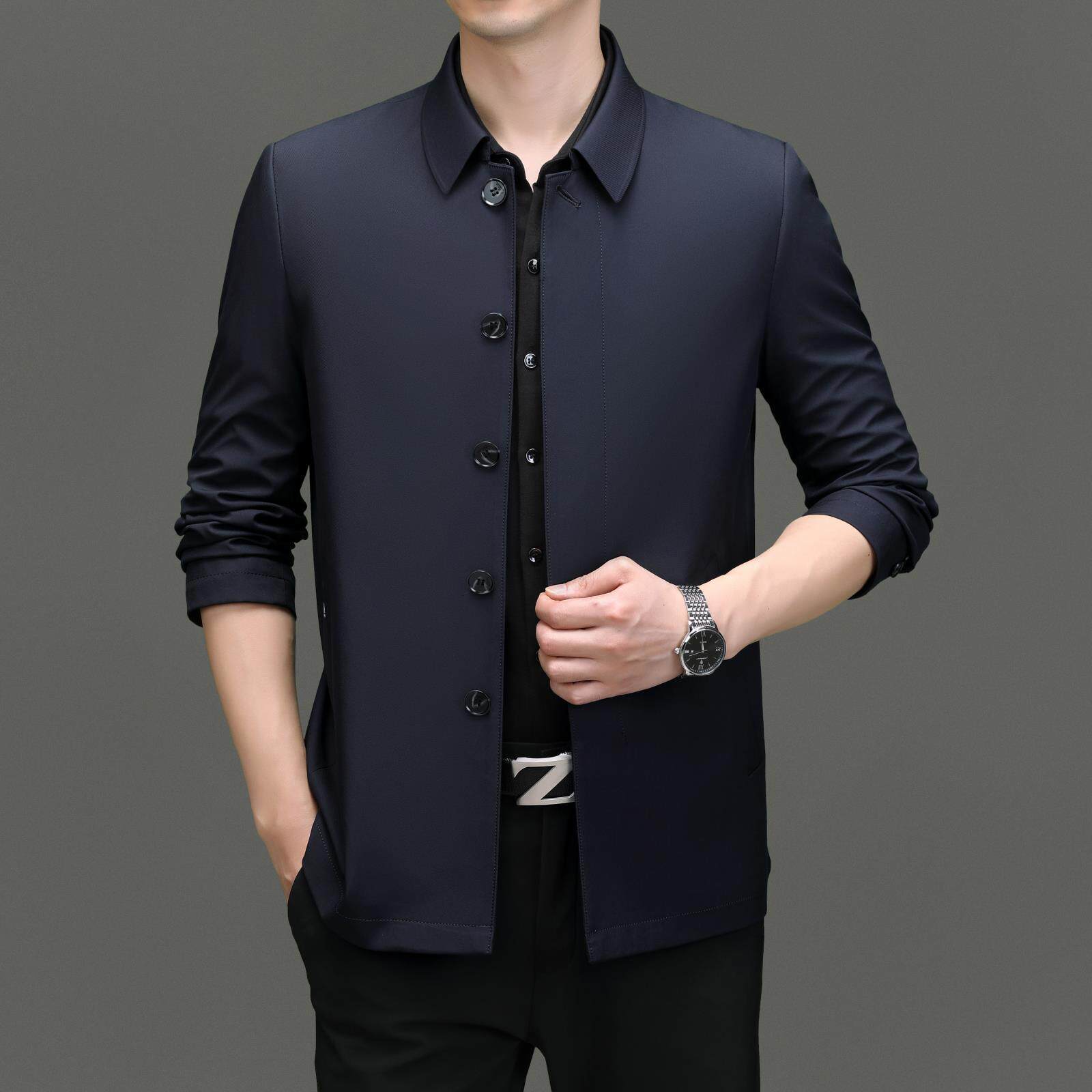 Áo Khoác Nam Cổ Bẻ Cúc Bấm Trung Niên Chất Vải Mềm Mịn Không Nhăn Màu Xanh Navy, Xám