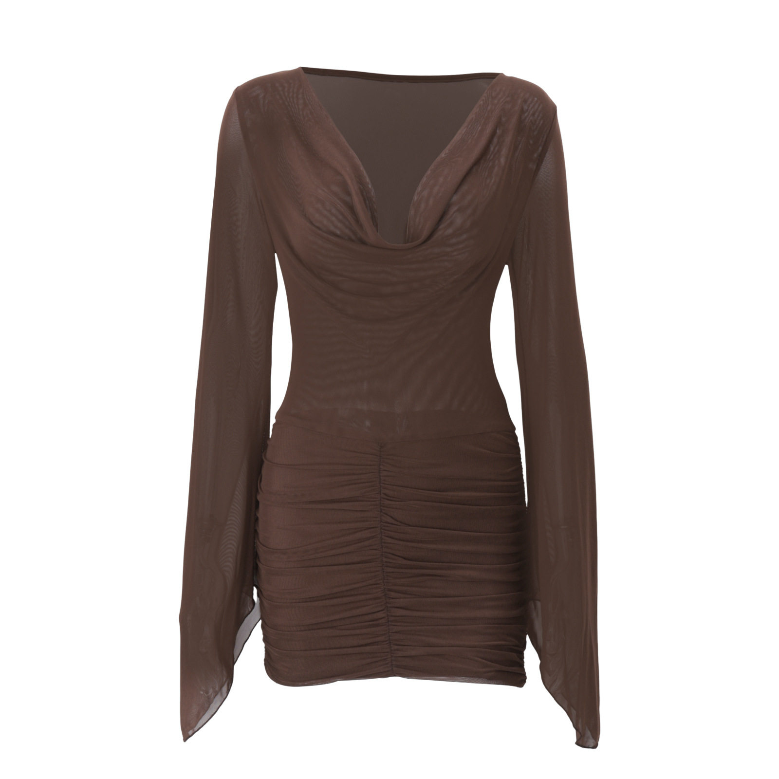 Womens Bodycon Dress Sexy Off Shoulder Mesh Panel Ruched Design Long Sleeve Autumn Fashion Wholesale Available