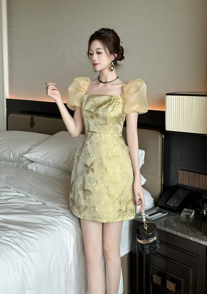 Đầm cổ yếm retro Pháp tay phồng thêu hoa, dáng chữ A, eo cao — [Bướm vàng] chi tiết 8
