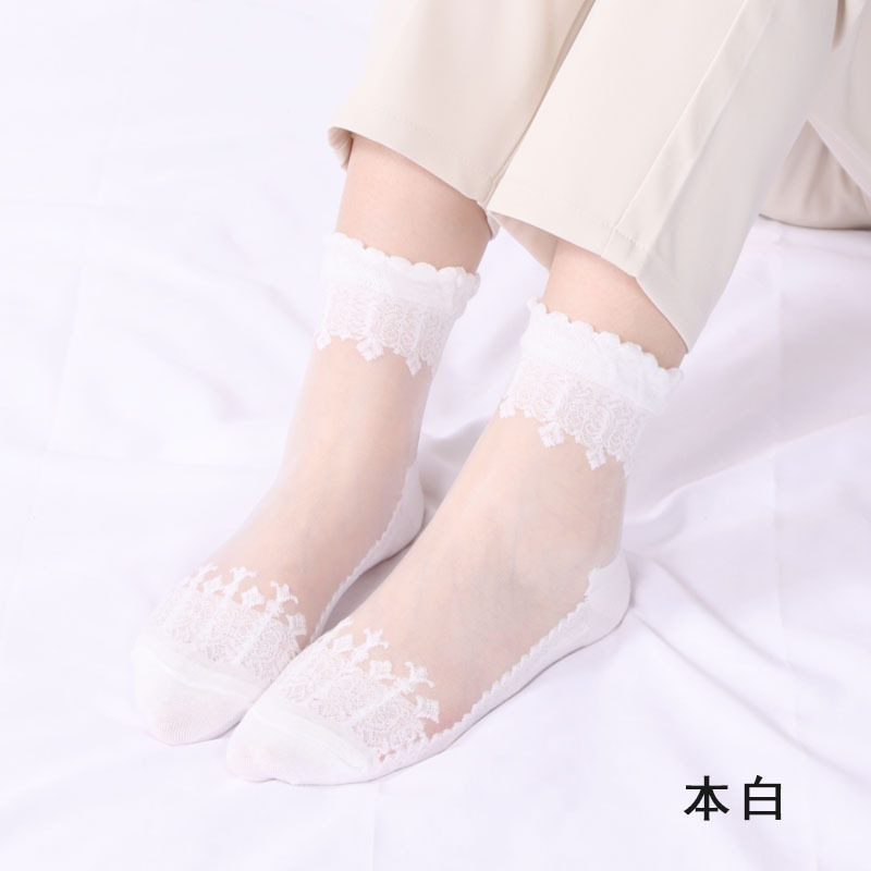 春季薄款中筒袜棉底玻璃丝袜子女蕾丝花边短款袜子防滑透气水晶袜