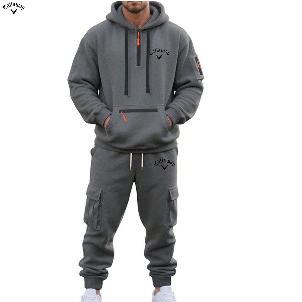 2025跨境男装亚马逊冬季加绒男士休闲套装宽松运动多口袋工装套装