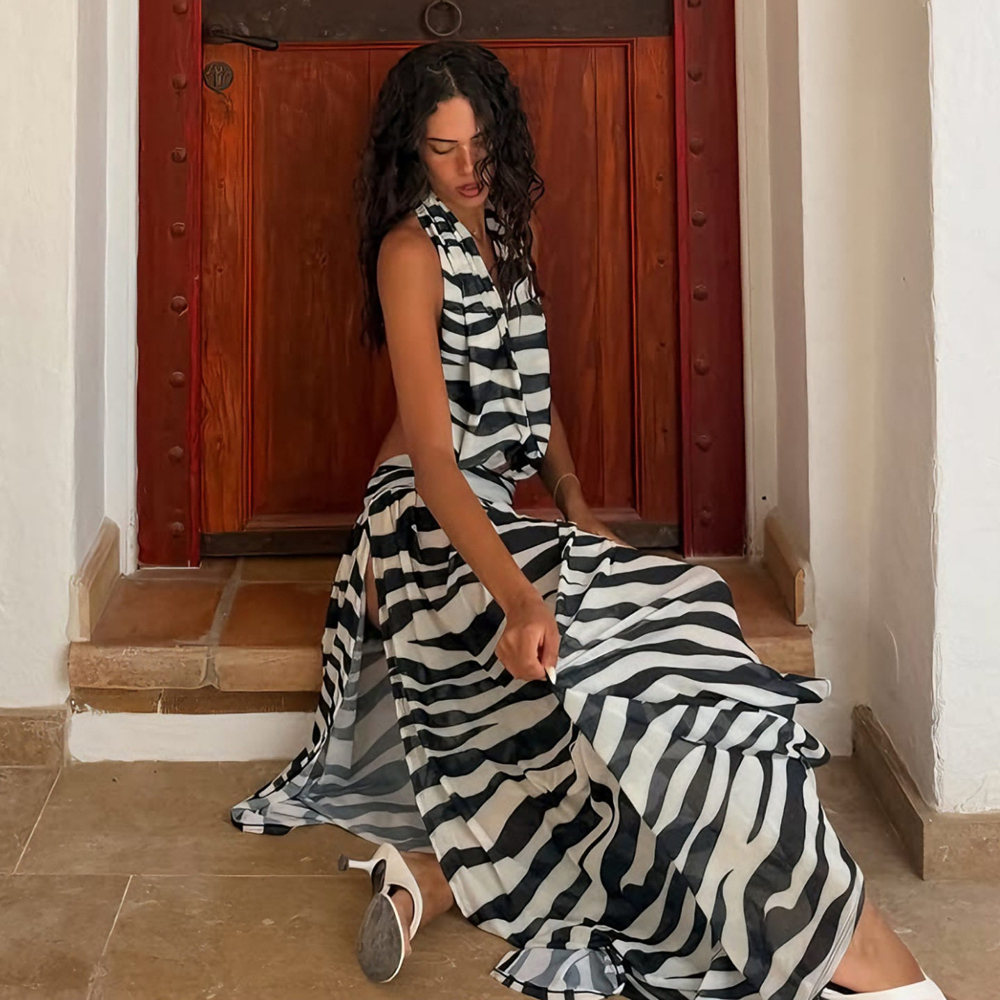 Zebra Print Halter Neck Backless Dress Summer Vacation Style Sexy Split Design Womens Fashion Wholesale Available