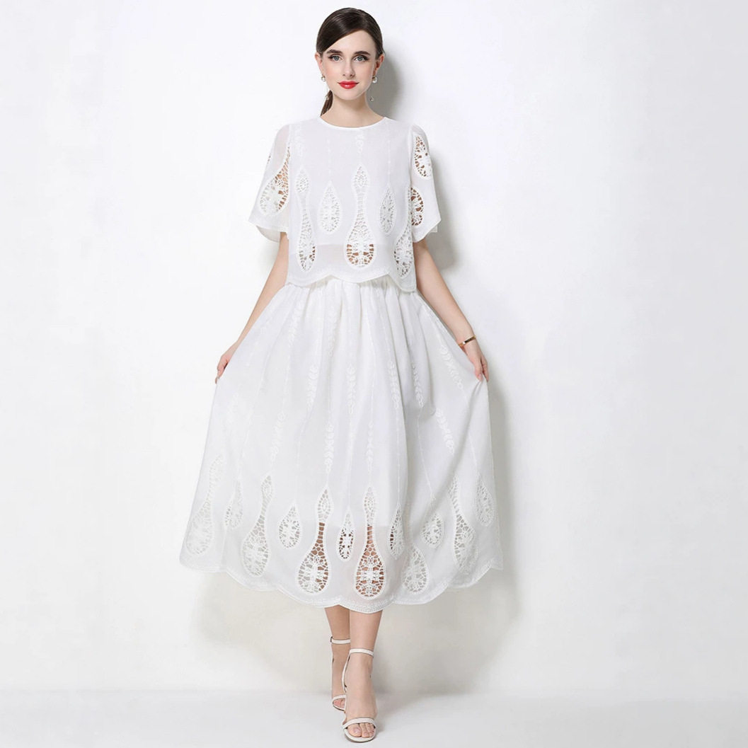 French Inspired Lace Puff Sleeve Top with High Waisted Skirt Set Elegant Slim Fit Chic Style Perfect for Casual or