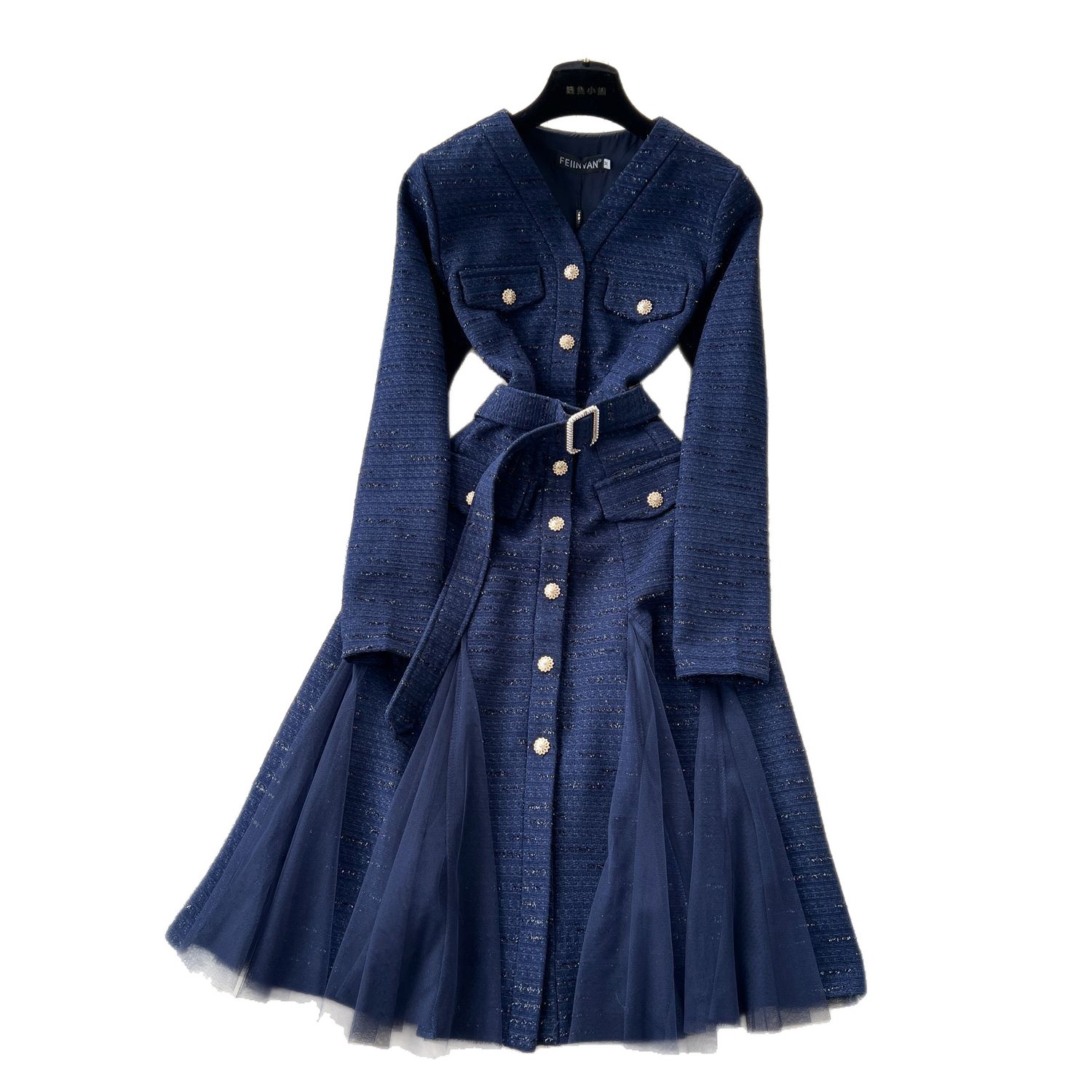 Vintage French Style V Neck Dress with Metal Buttons Waist Defining Elegant Sheer Mesh Panels Perfect for Formal