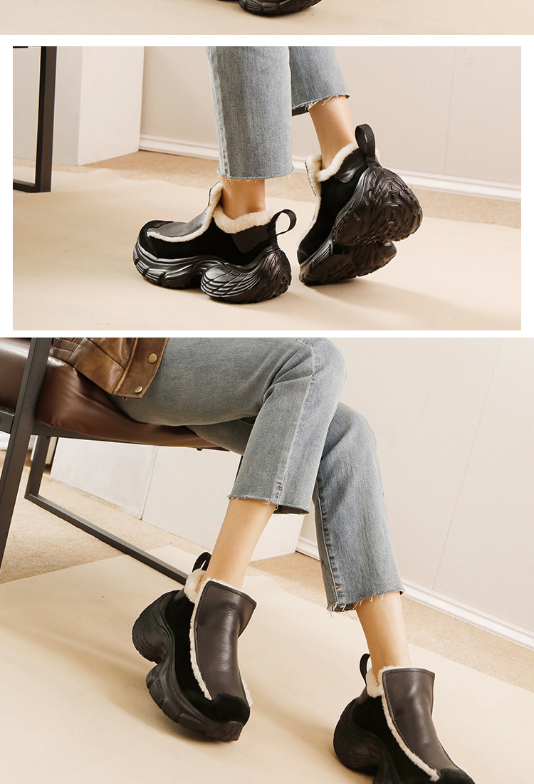 Giày bông nữ cổ vừa lót lông cừu da bò thật, giày slip-on giữ ấm mùa đông — Màu đen