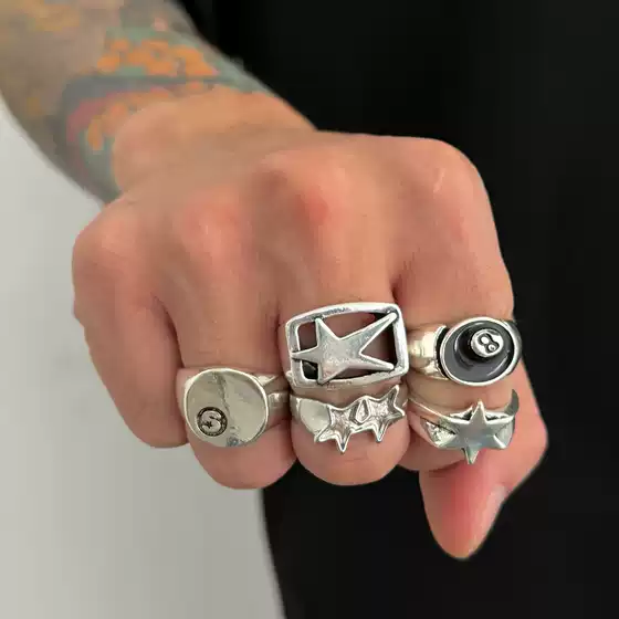 European and American Fashion Stylish Five-Pointed Star Ring Set Men's Hip-Hop Niche Billiards Black 8-Ring Cross-Border Men's Hand Jewelry