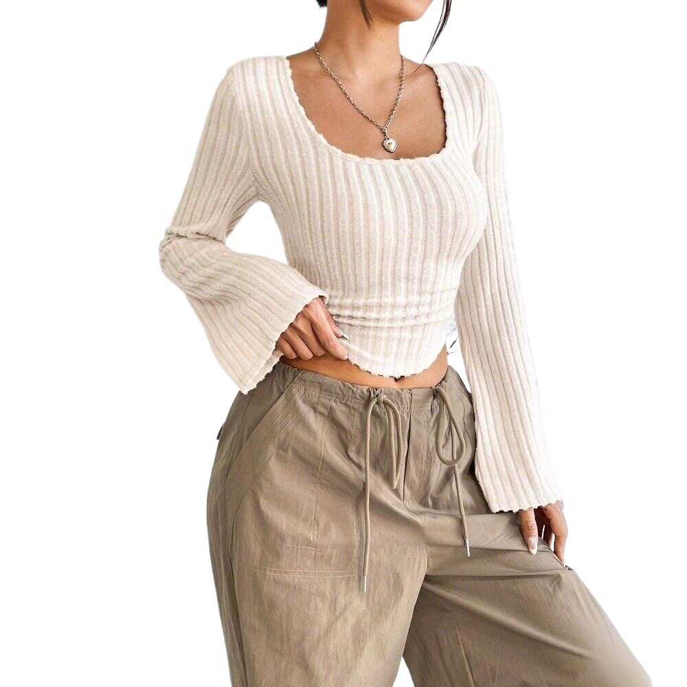 Fashionable Elegant Womens T Shirt Square Neck Flared Long Sleeves Spring Summer Style Wholesale Available