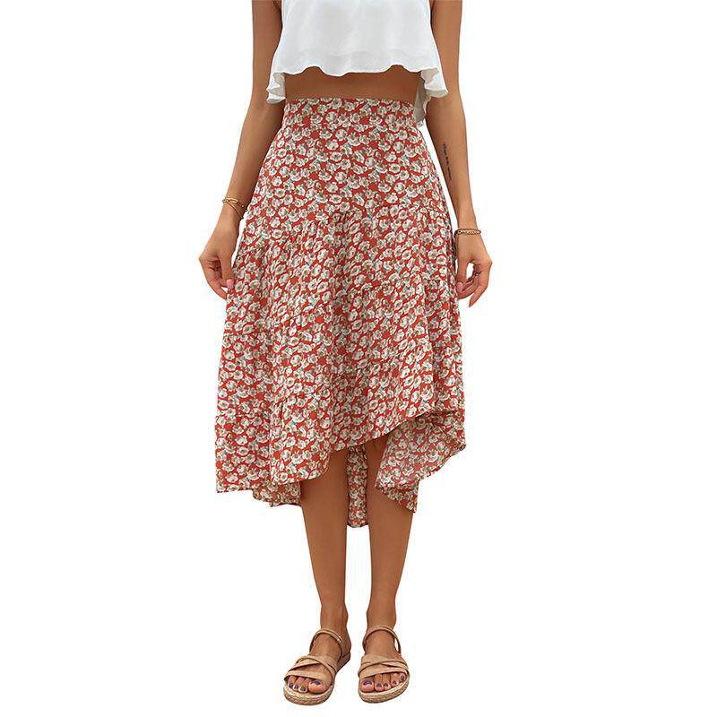 High Waisted Irregular Floral Midi Skirt Fresh and Sweet Design Summer Vacation or Date Wear Wholesale Available