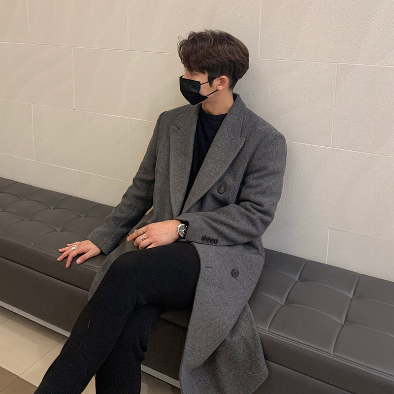 Mens Overcoat Windproof Double Layer Long Trench Coat Casual Wool Blend Available in Gray Coffee Black Wholesale