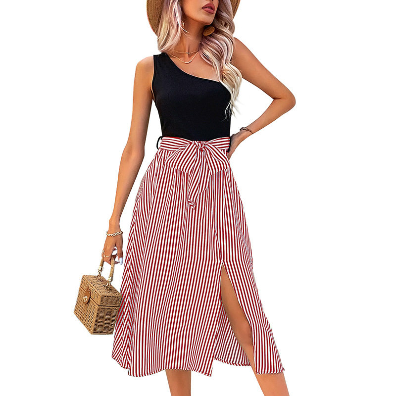 One Shoulder Striped Color Block Dress Summer Fashion Casual Style Comfortable Fabric Wholesale Available