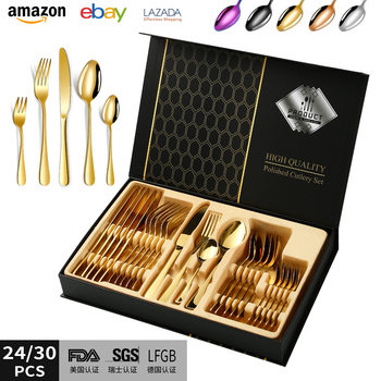 Amazon Explosions Western Tableware Knife and Fork Spoon Internet Red Box Flip 1010 Stainless Steel Tableware Gift Box suit 24-piece Set