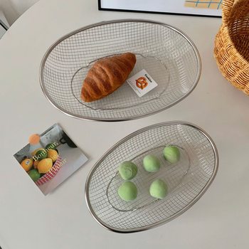 Ins Stainless Steel Oval Vegetable Washing Basket Fruit and Vegetable Basket Mesh Frame Mesh Sieve Kitchen Quick Basket Tableware Storage Basket