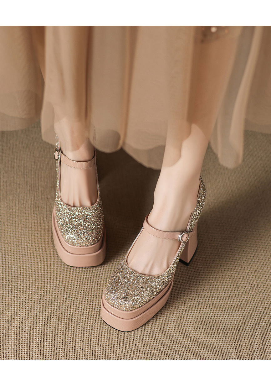 Giày cao gót mũi vuông đính sequin quai ngang đế xuồng — Màu đen, Màu sâm panh