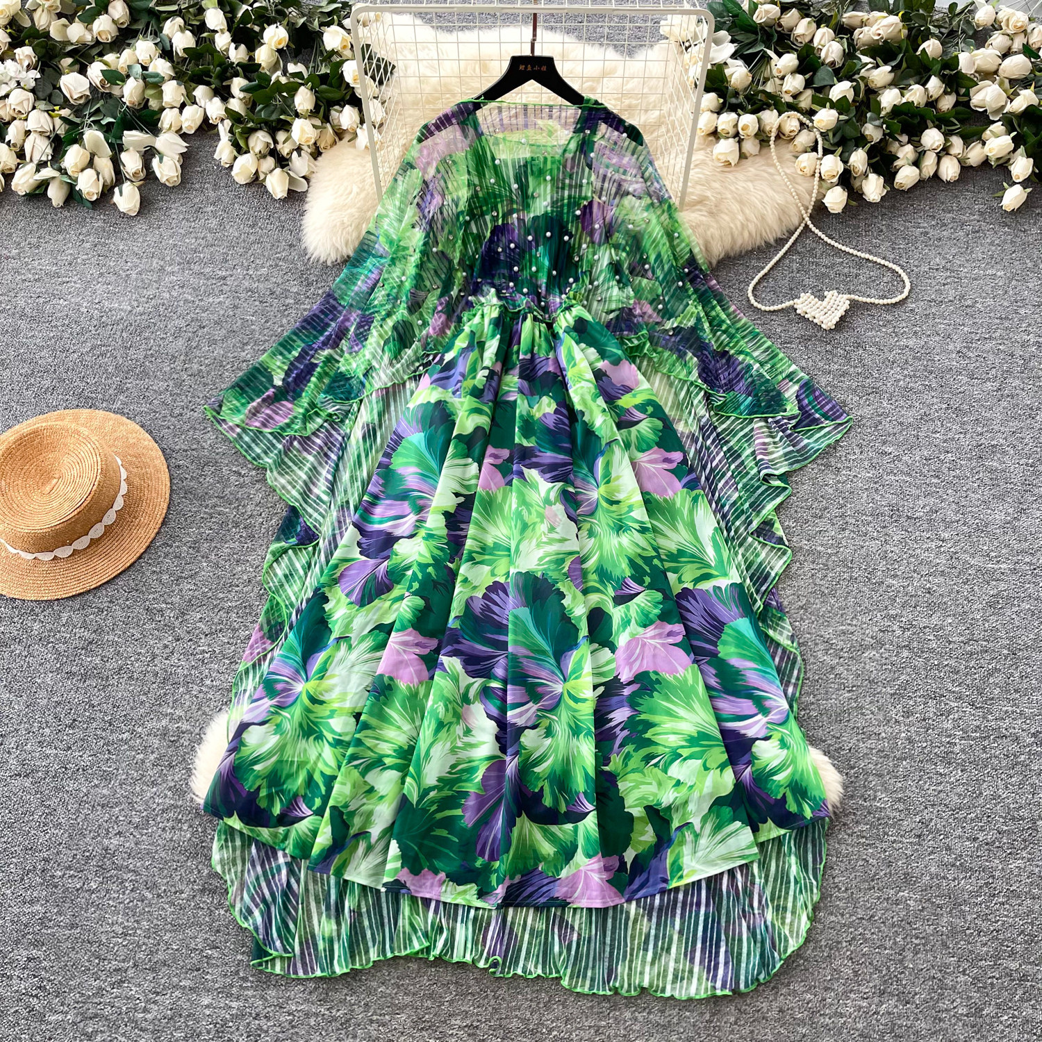 French Style Floral Print Dress Three Quarter Sleeve Waist Defining Slim Fit Beaded Details Summer Casual or Office