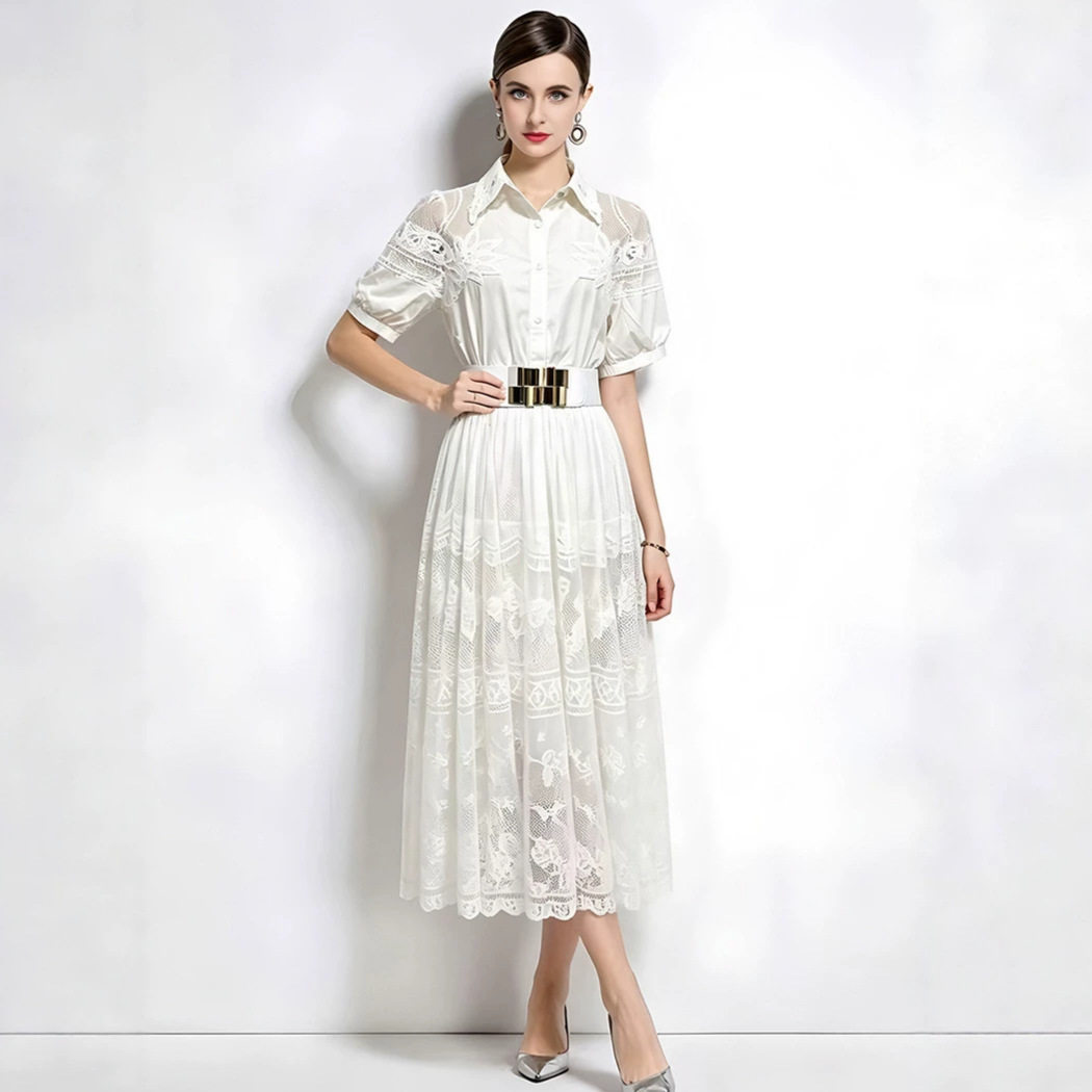 French Romantic Pink Hollow Lace Dress Summer A Line Waist Defined Elegant Style Perfect for Special Occasions
