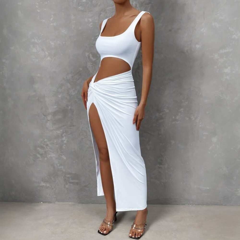 Sleeveless Midi Dress Simple Solid Color Hollow Out Design Slim Fit Spring Summer Fashion Wholesale Available