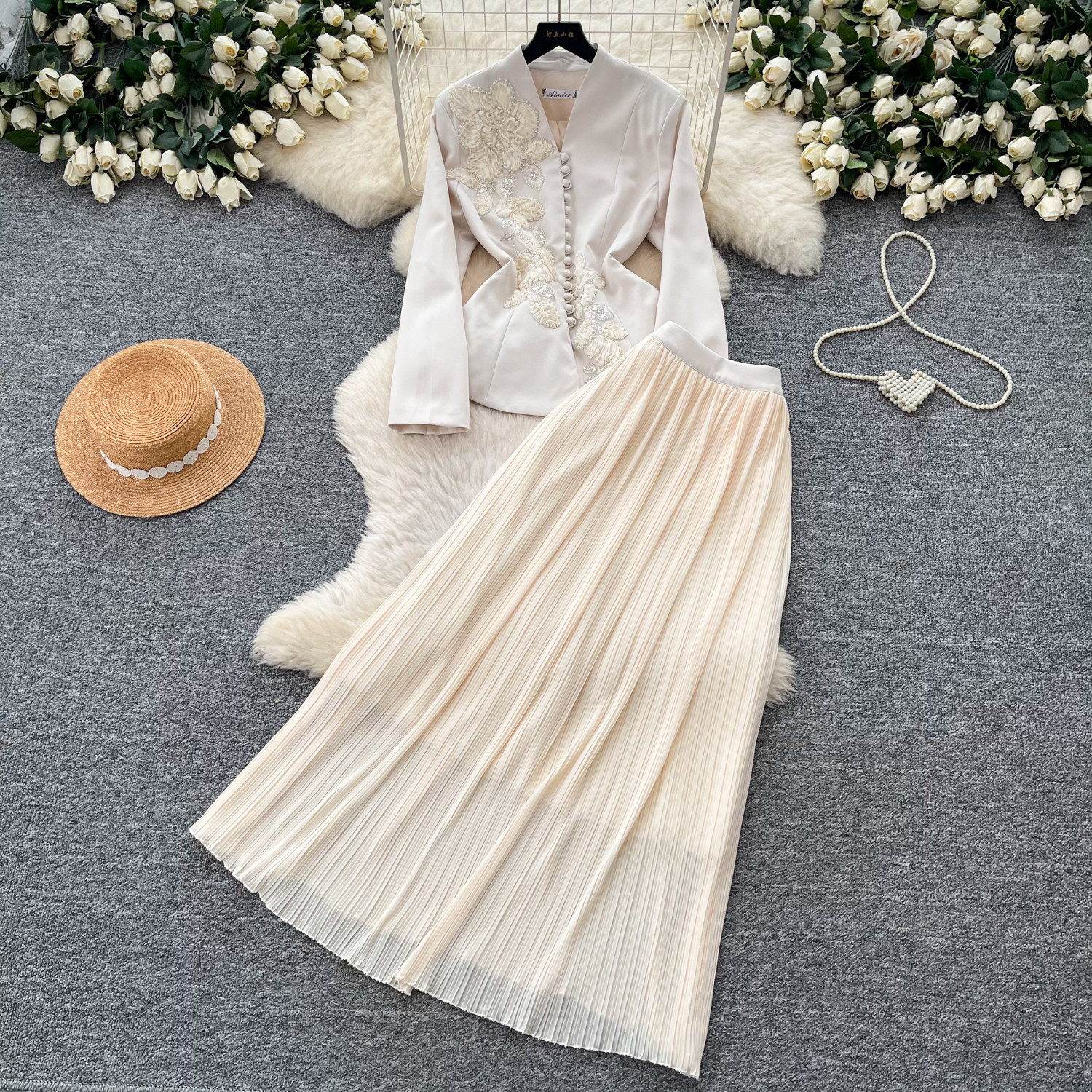 French Chic V Neck Embroidered Jacket with High Waisted Pleated Skirt Elegant Slim Fit Stylish Spring Fall Womens