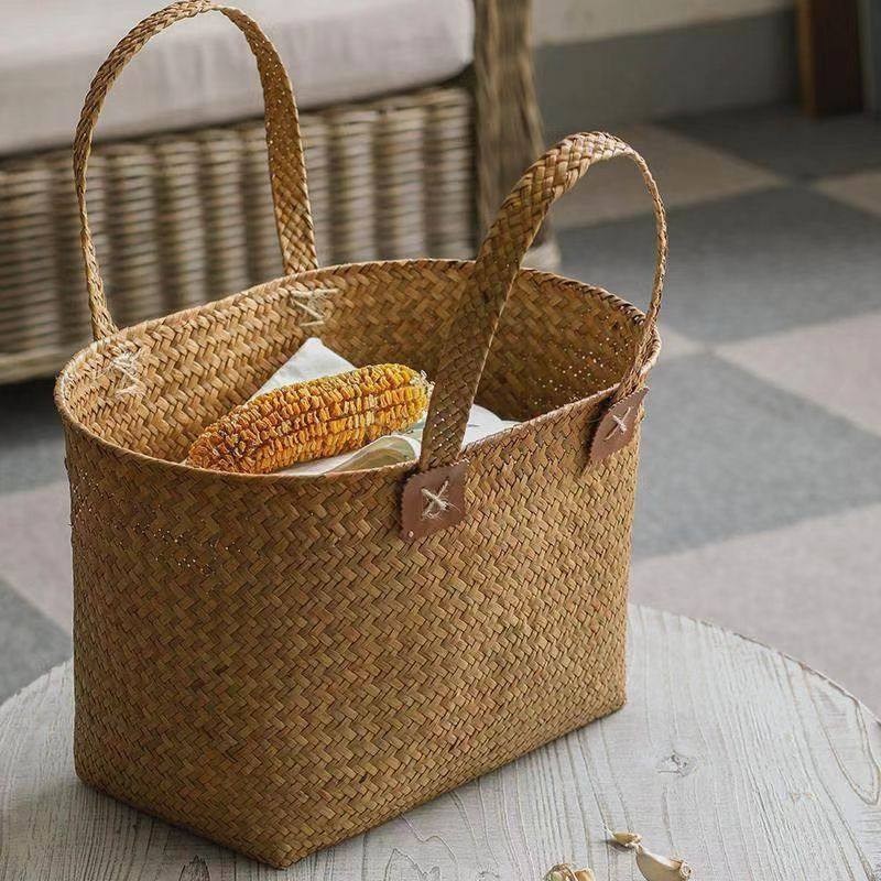 Japanese high-end shopping basket picnic basket woven portable gift bag oval straw basket storage basket shopping basket