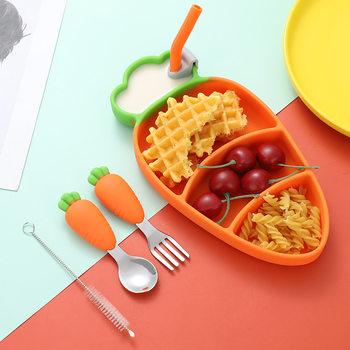Children's Silicone Dinner Plate Carrot 304 Stainless Steel Fork and Spoon Tableware Set Baby's Supplementary Food Split Dinner Plate