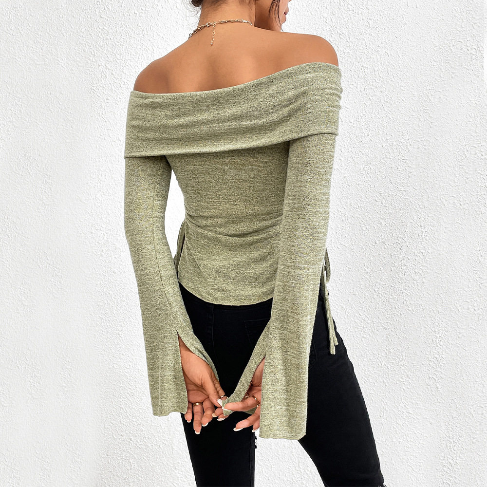Off Shoulder Knit Top Long Sleeve Bell Sleeve Split Design Fall Winter Fashion for Women Wholesale Available
