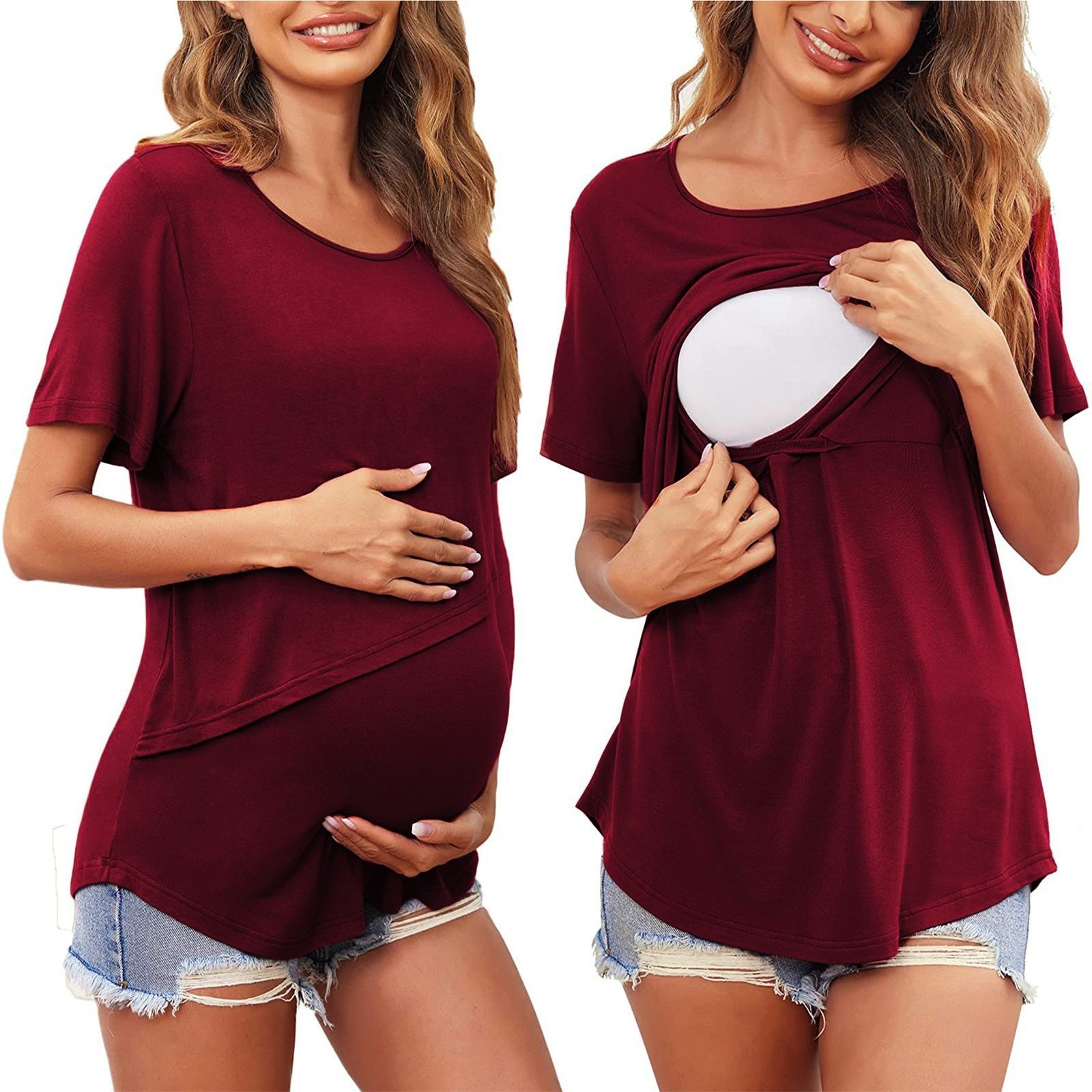 European and American Summer Pregnant Women Solid Color Round Neck Short Sleeve Breastfeeding Postpartum Care Top T-shirt