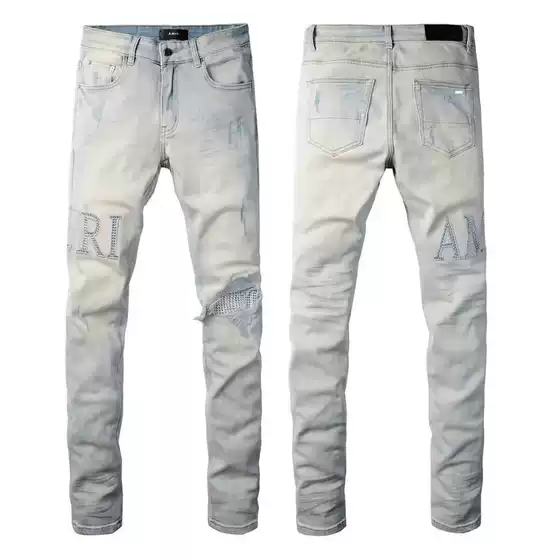New High Street AM Fashion Brand Jeans Men's Ripped Embroidered Patchwork Patch Elastic Straight Slim Long Pants