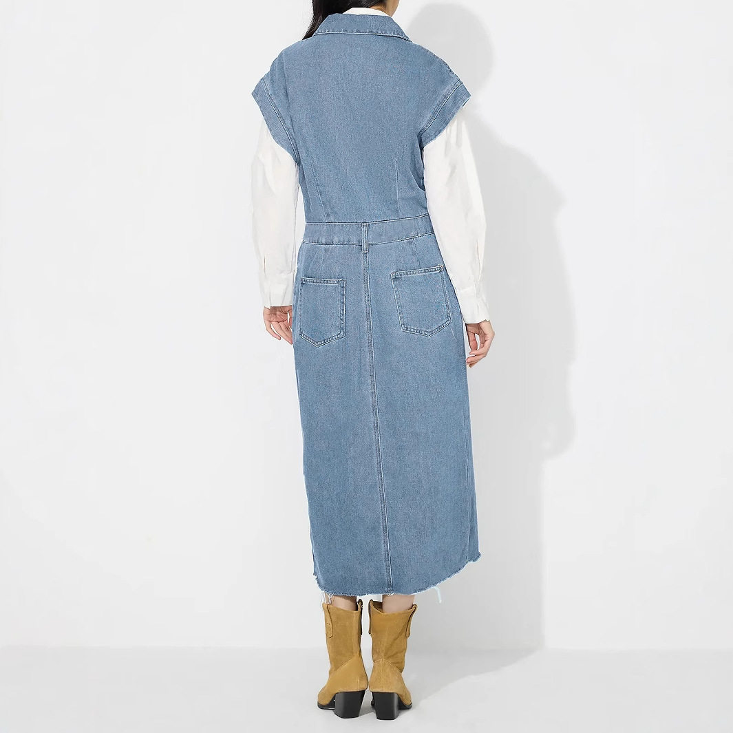 Denim Dress Single Breasted Lapel Collar Fashionable Style Casual Wear for Women Ready to Ship