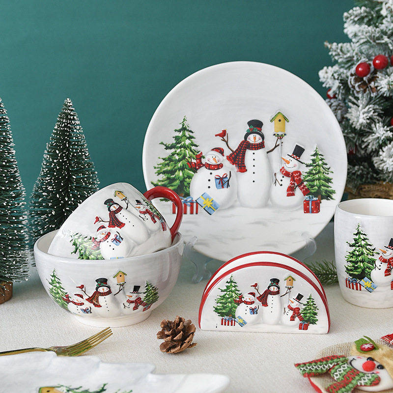 Christmas Tableware Set Snowman High-Value Ceramic Mug Dinner Plate Teapot Gift Wholesale Ceramic Christmas