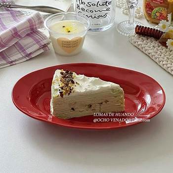 High-End Big Red Ins Style Oval Plate Pasta Salad Curry Rice Plate Large Steamed Fish Plate Special-Shaped Plate