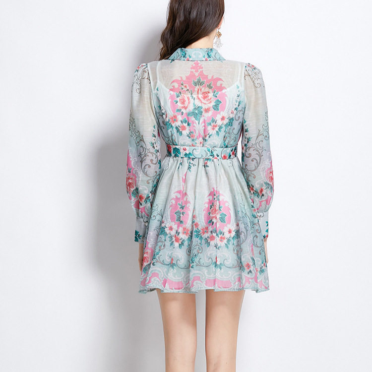 Vintage French Style Long Sleeve A Line Dress for Women Elegant Floral Print Waist Defining Single Breasted Perfect