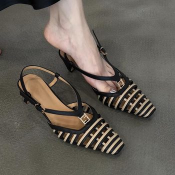 Fashionable Color-Blocked Woven Hollow High-Heeled Shoes for Women, Retro Versatile European and American Style Square-Toe Kitten Heel Sandals (Tax Not Included)
