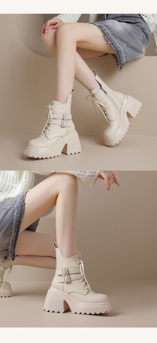Boot nữ gót dày 10cm cổ thấp da bò thật, đế cao su chống trượt, khóa kéo bên — Lớp lót đơn màu be, Lớp lót đơn màu đen, Lớp lót nhung đen, Lớp lót nhung màu be