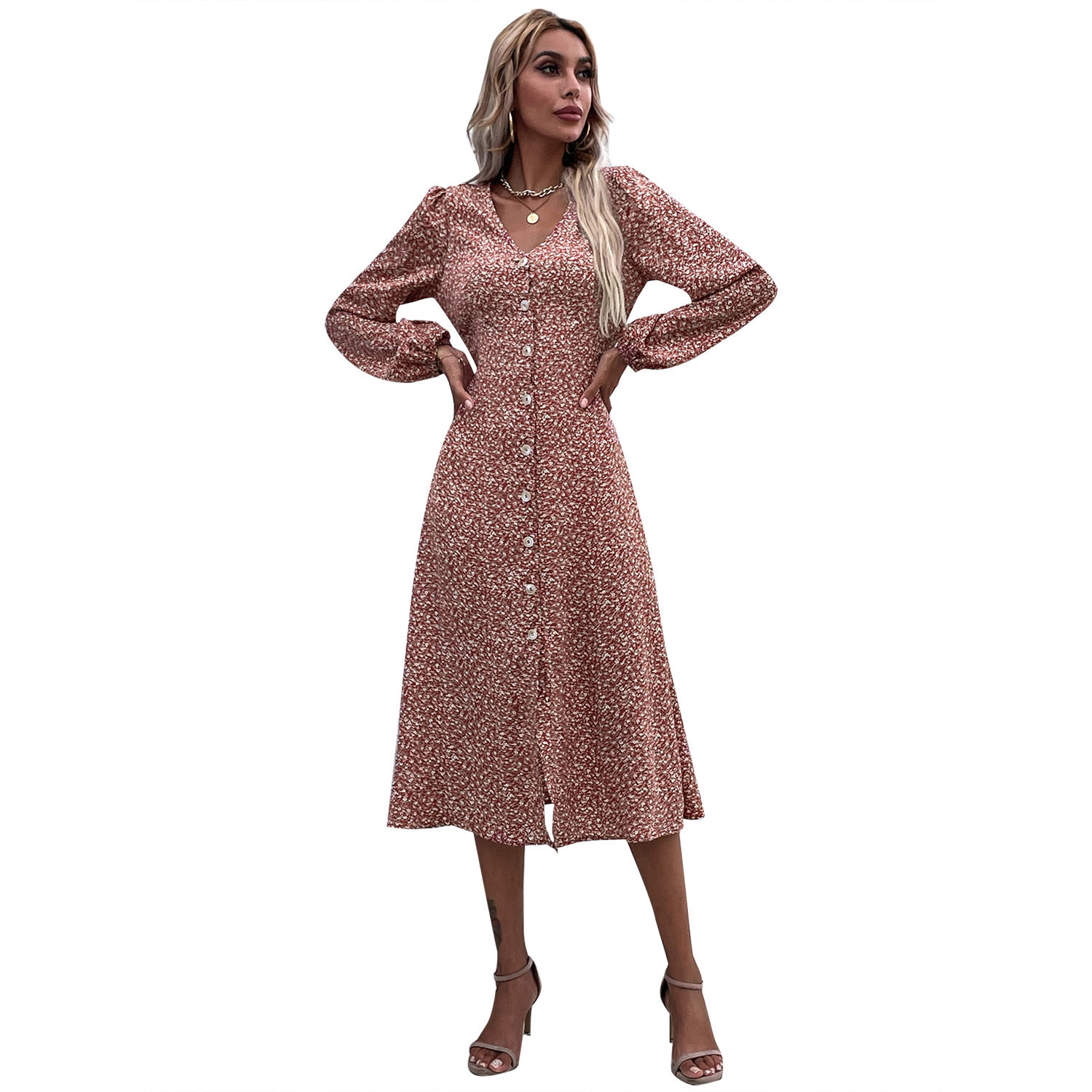 Floral V Neck Long Sleeve Dress Slim Fit Mid Length Elegant Style Perfect for Spring and Summer Events Wholesale