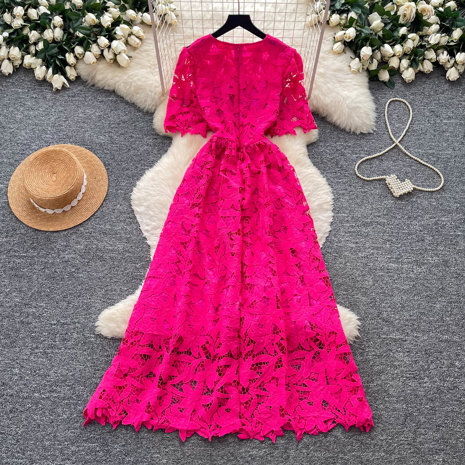 French Lace Short Sleeve Dress Hollow Out Waist Defining A Line Silhouette Elegant Summer Office Wear Wholesale