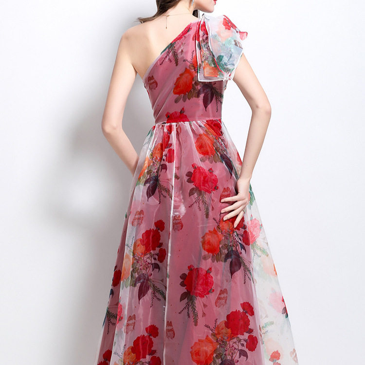 Elegant High End One Shoulder Floral Lace Waist Defined Mesh Dress for Women Chic Print Slit Design Evening Wear