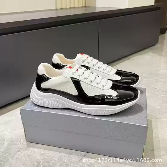 Cross-Border Putian Shoes Prada Low-Top Comfortable Breathable Casual Round-Toe Mesh Patent Leather Solid Color Casual Sneakers