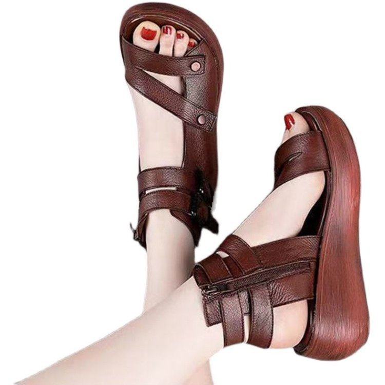 High Heel Fashion Women's Shoes 2025 Summer New Style Roman Shoes Women's High-top Soft Leather Wedge Sandals Women's Thick Sole Sandals