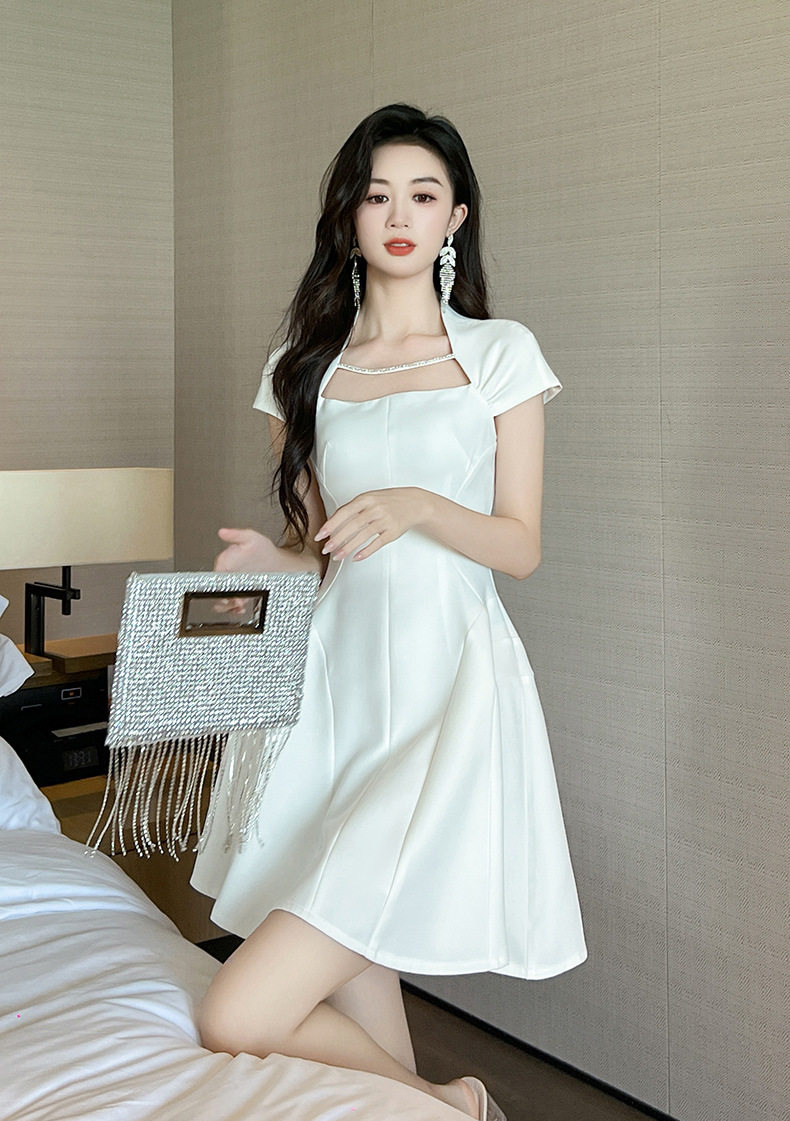 Đầm suông nữ midi cổ vuông phong cách Pháp tay ngắn — [Trắng] chi tiết 9