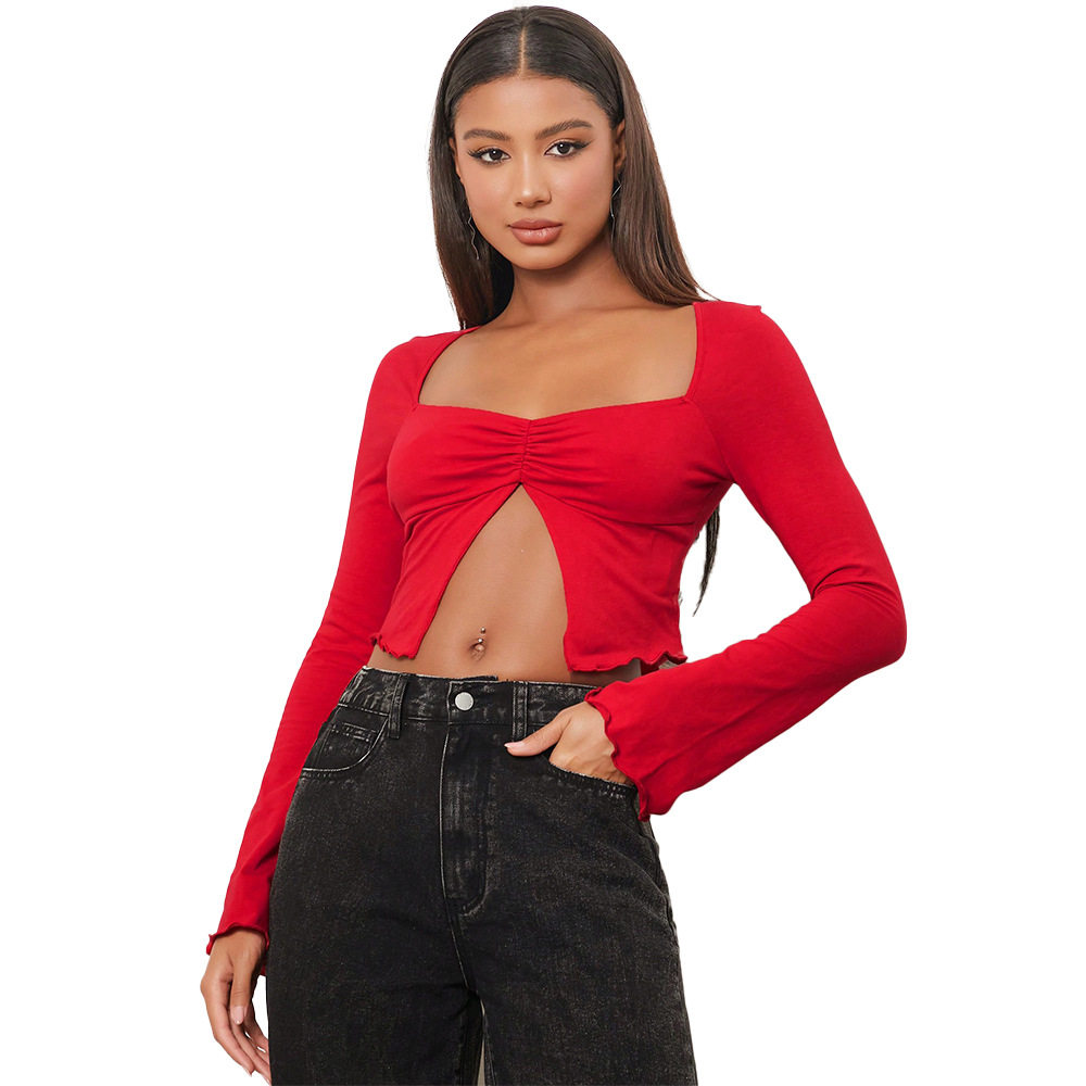 Womens Vintage Sexy Crop Top Slim Fit Long Sleeve Midriff Baring Spring Summer Fashion Wholesale Available