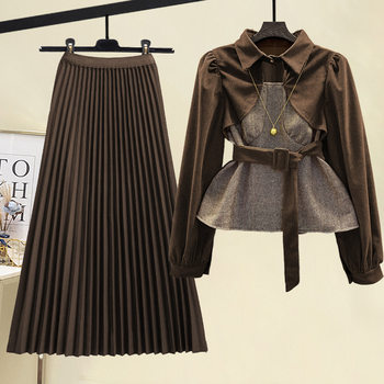 2024 spring new women's slimming fake two-piece suit shirt + half-length dress slimming fashion two-piece suit