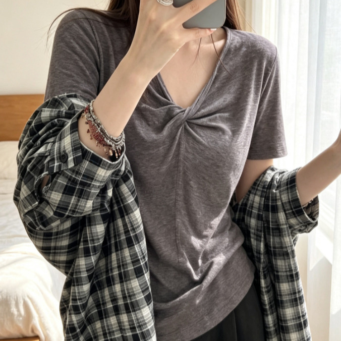 Áo thun nữ cổ chữ V thắt nút trước ngực, tay ngắn dáng suông — Màu trắng, Màu xám nhạt, Màu yến mạch, Xám hoa