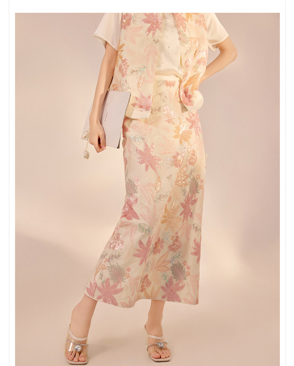 Bộ áo gilê thêu nổi tua rua và chân váy sequin nữ dáng chữ A — Váy sequin (giao hàng trong 7 ngày), Váy sequin (giao hàng trong ngày), Áo vest tua rua (giao hàng trong 7 ngày)