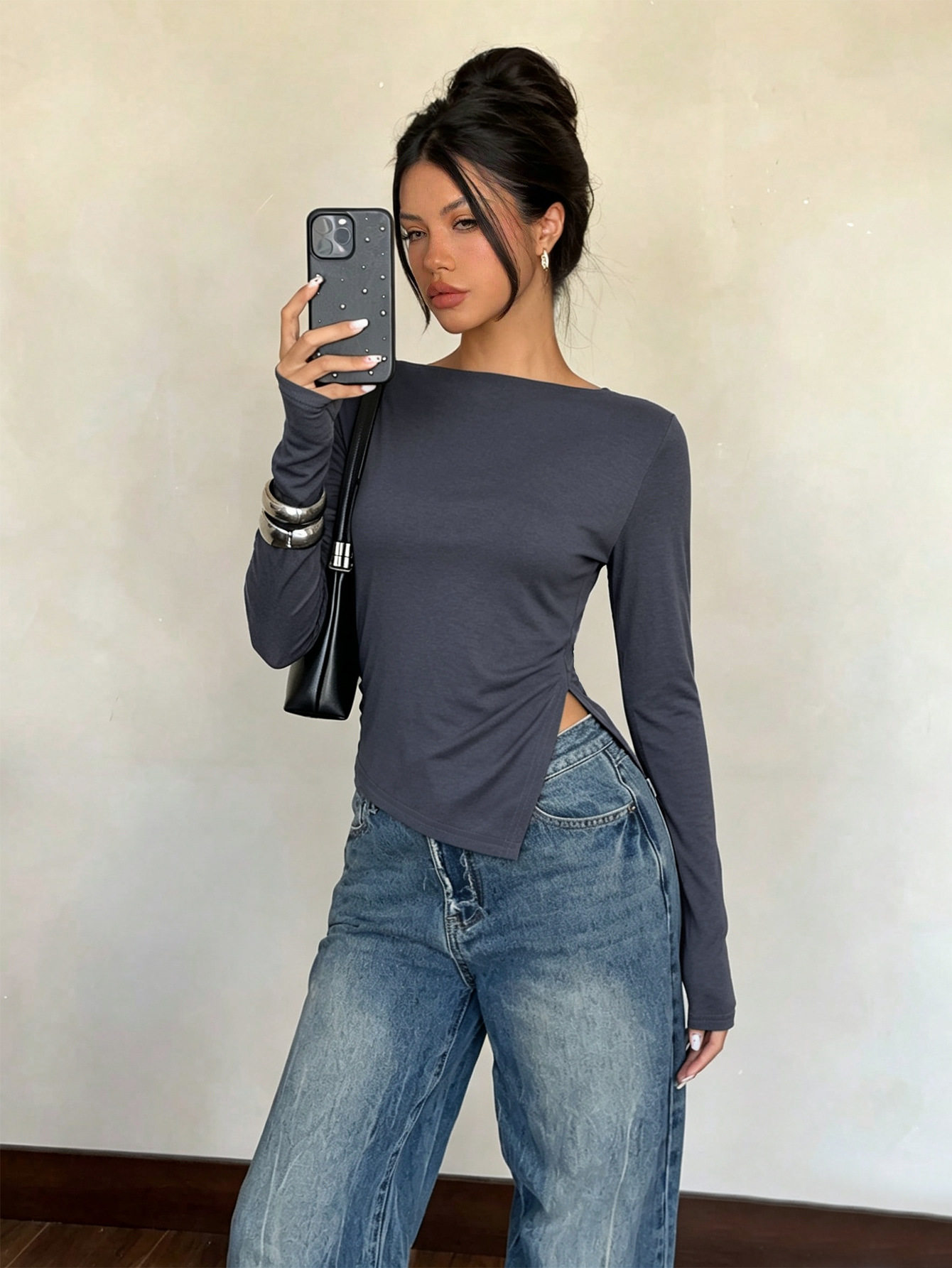 Off Shoulder Long Sleeve Top Slim Fit Backless Design Asymmetrical Hem Side Slit Casual Wear for Women OEM