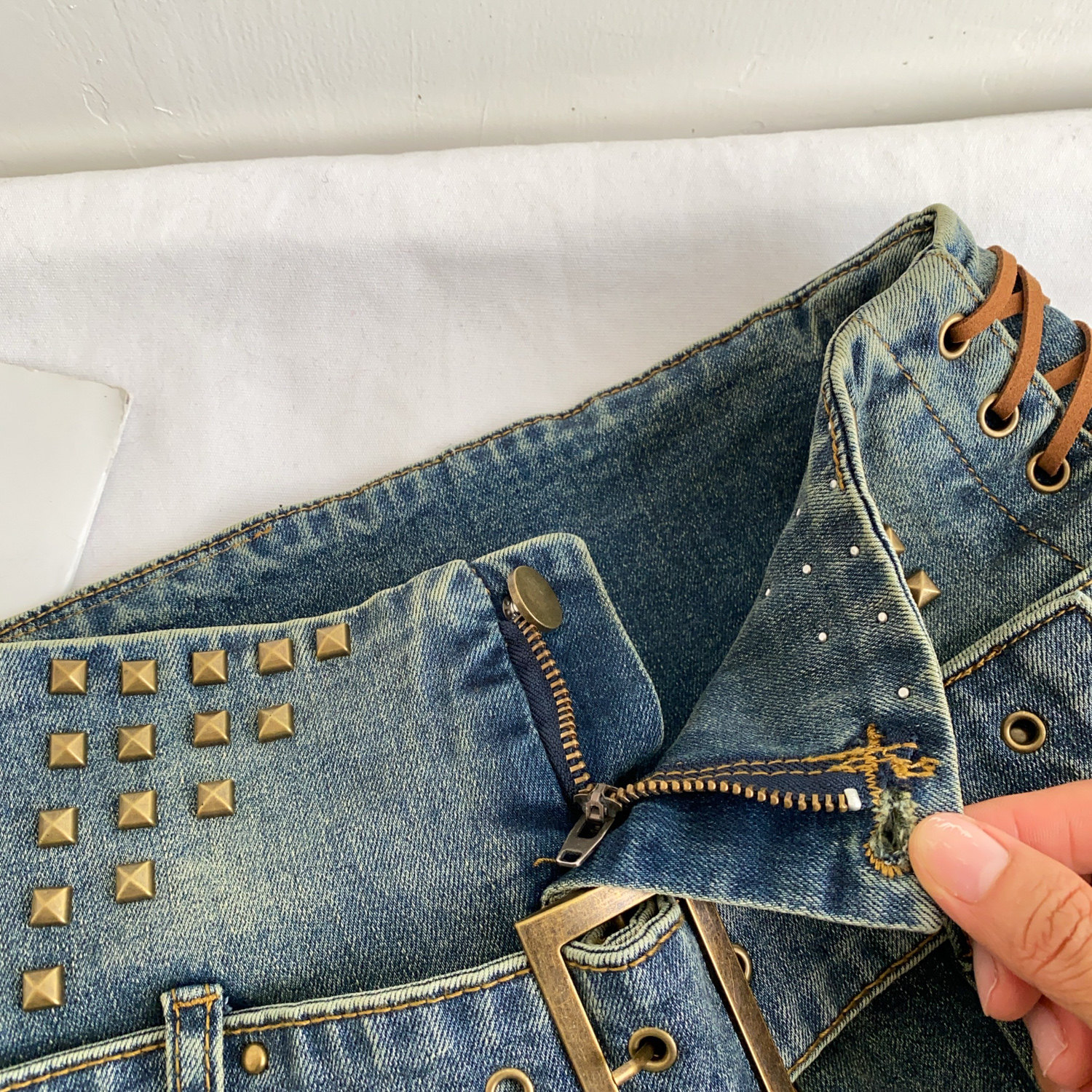 High Waisted Denim Mini Skirt Vintage Style Pleated Design Studded Details Trendy for Casual Outings Wholesale