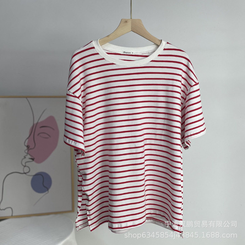 Womens Striped Cotton T Shirt Loose Fit Long Sleeve Split Hem Casual Spring Summer Style Wholesale Available