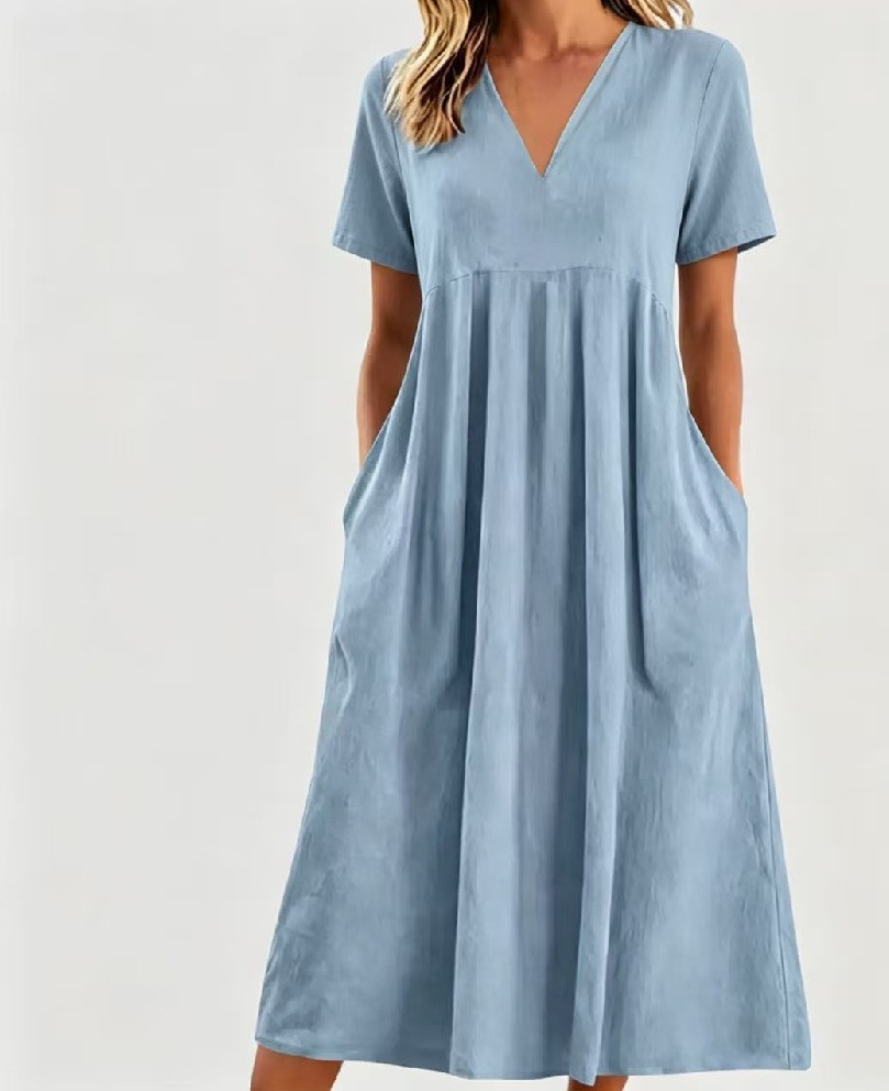 Womens Casual Loose V Neck Short Sleeve Dress Solid Color Spring Summer Style Wholesale Availability