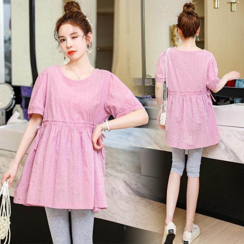 Plus Size Fat mm Pregnant Women Fashion Style 2025 New Waist Loose Slimming Look Casual Short-Sleeved Summer Tops Trendy Moms