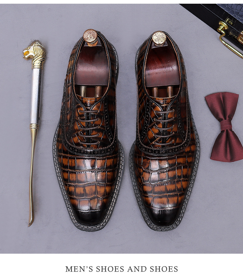 Giày Oxford nam da bò thật họa tiết kẻ sọc phong cách Anh Quốc — Xám xanh, Màu caramel